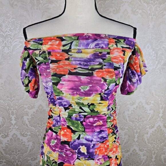 Endless Blu Luxe Size Small Ruched Floral Midi Dress Off the Shoulder Sleeve NWT - Picture 2 of 16